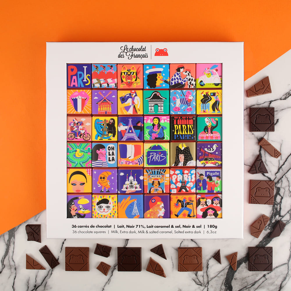 Chocolate squares in an artistic box